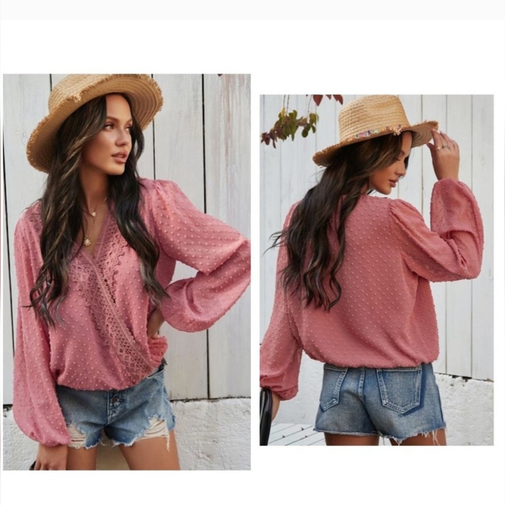 NWOT Women's Lace Dotted Flowy Blouse Size L